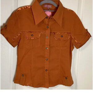 Pudding Jeans Women's Top Button up Blouse Western Cowboy Brown Buttons
